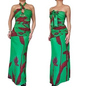 Johanna Ortiz 100% Silk Tasteful Sunrise Palm Print Halter Maxi Dress Gown 0 XS
